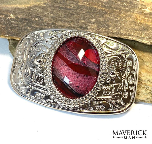 Good looking red and black belt buckle with our special hand painted stones