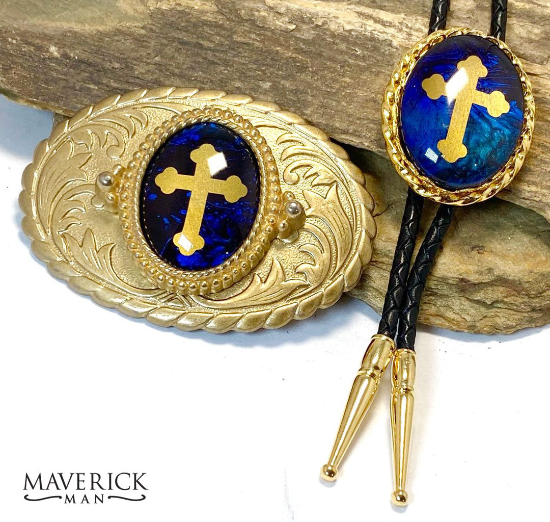 Super sharp blue and gold bolo and buckle set with gold crosses