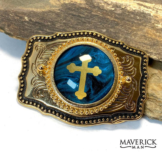 Handsome blue and gold bolo tie and buckle set with gold crosses