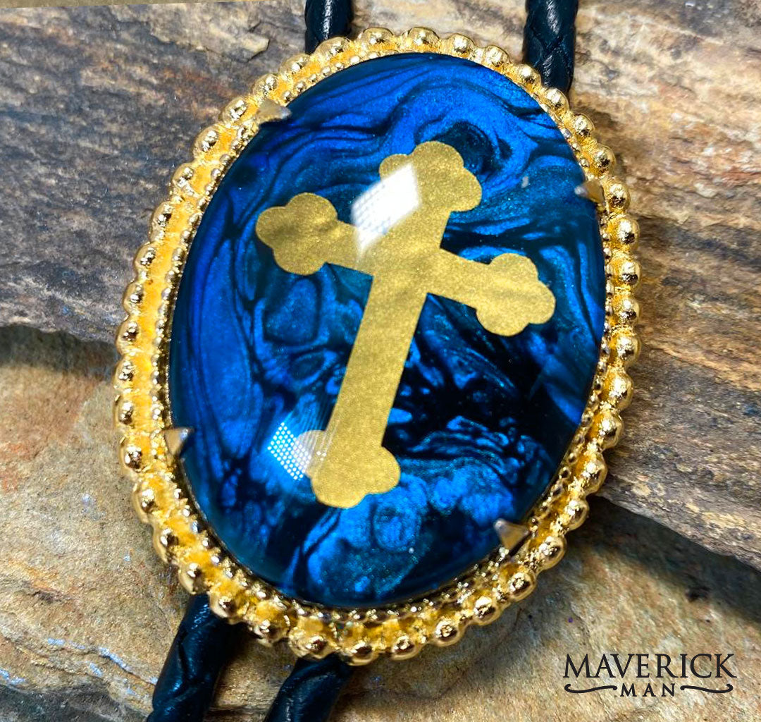 Handsome blue and gold bolo tie and buckle set with gold crosses