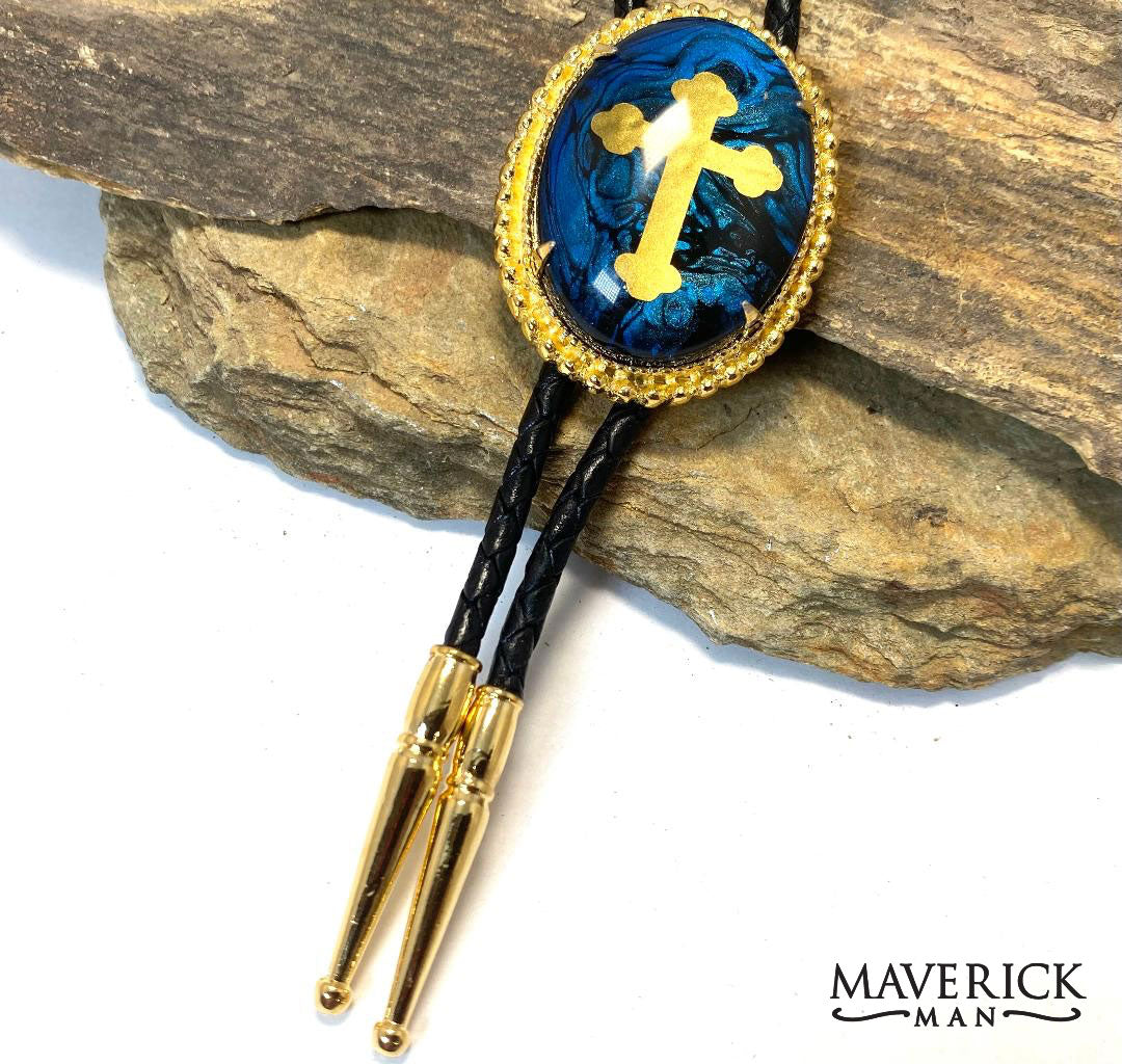 Handsome blue and gold bolo tie and buckle set with gold crosses