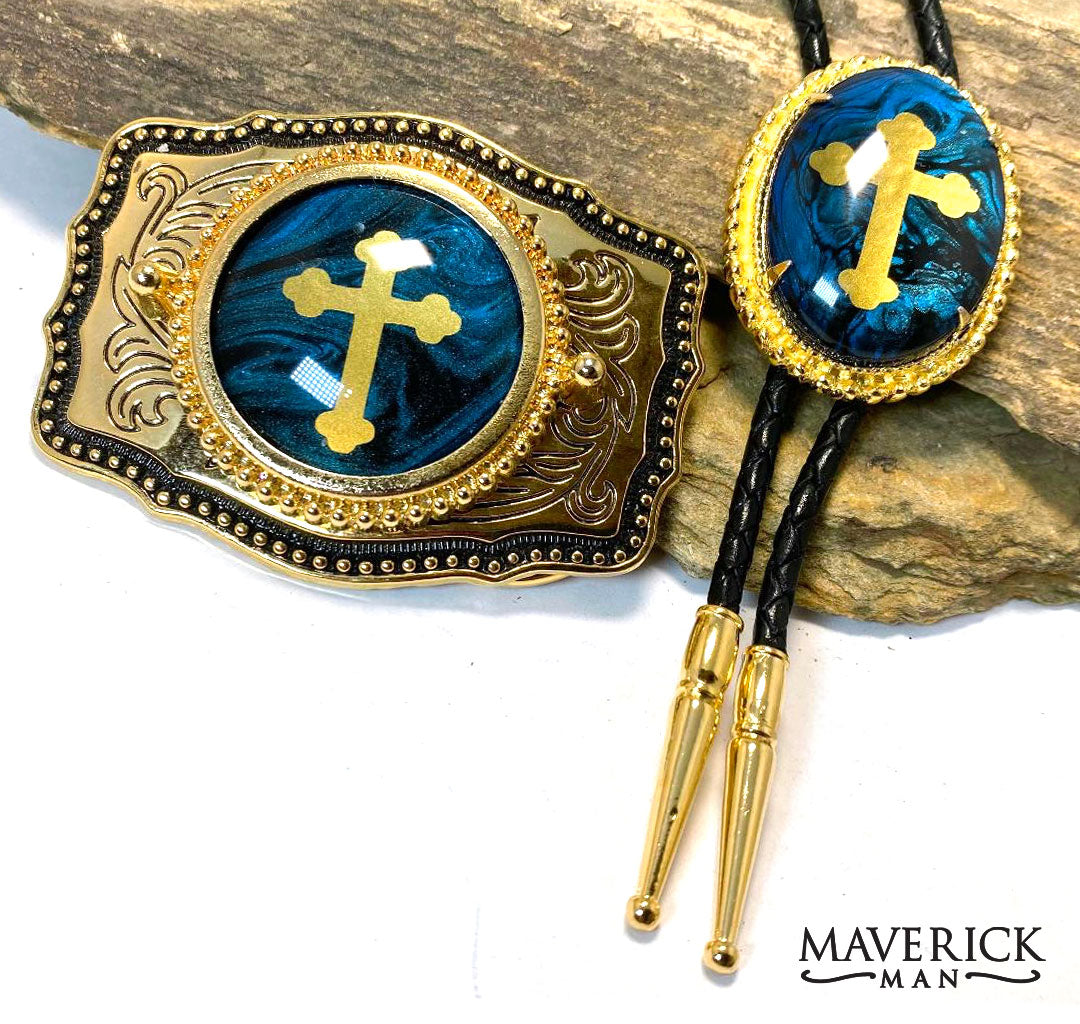 Handsome blue and gold bolo tie and buckle set with gold crosses