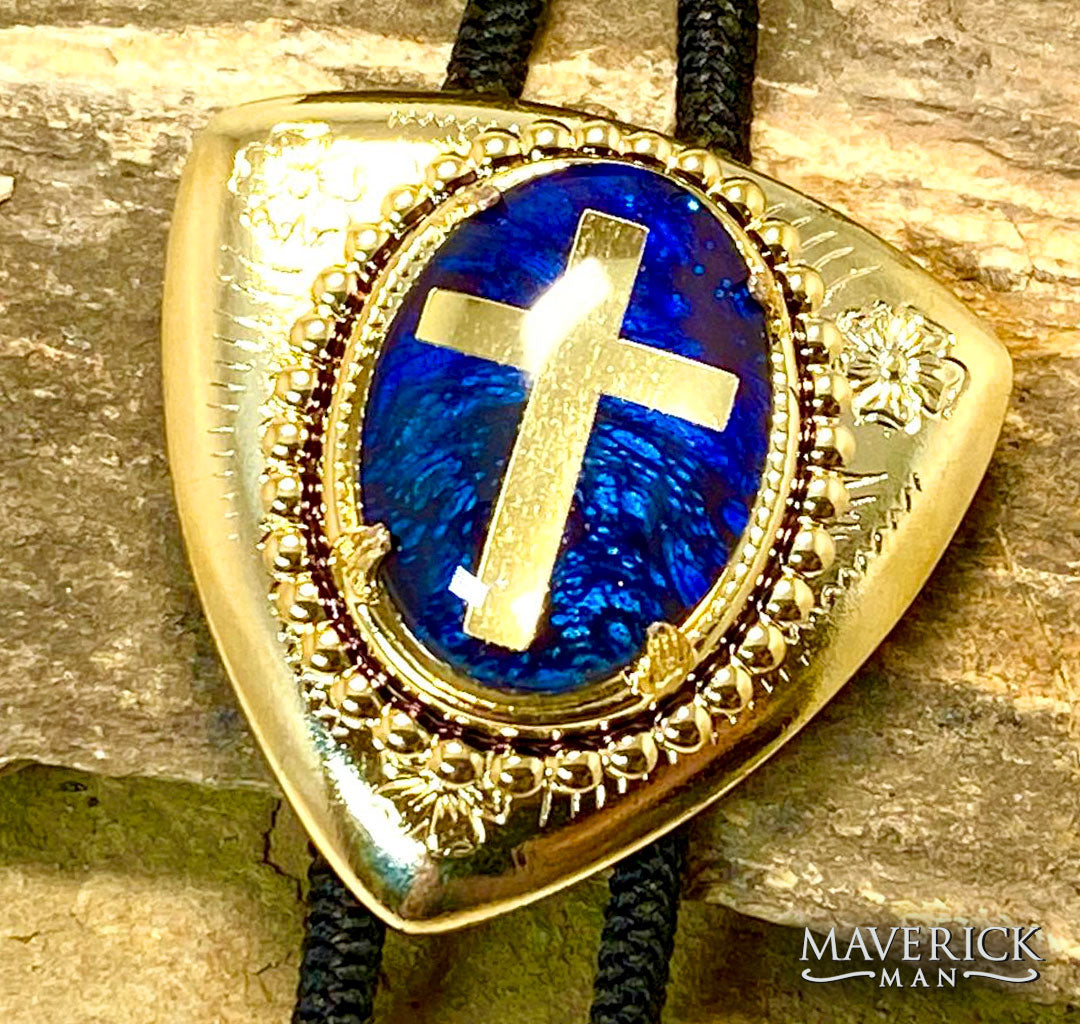 Lightweight golden bolo tie with gold foil cross