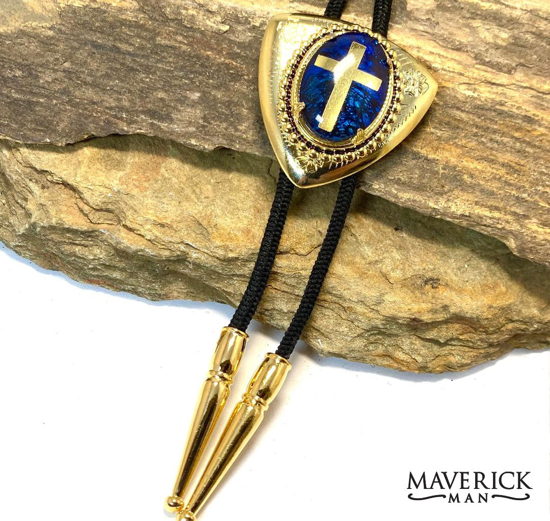 Lightweight golden bolo tie with gold foil cross