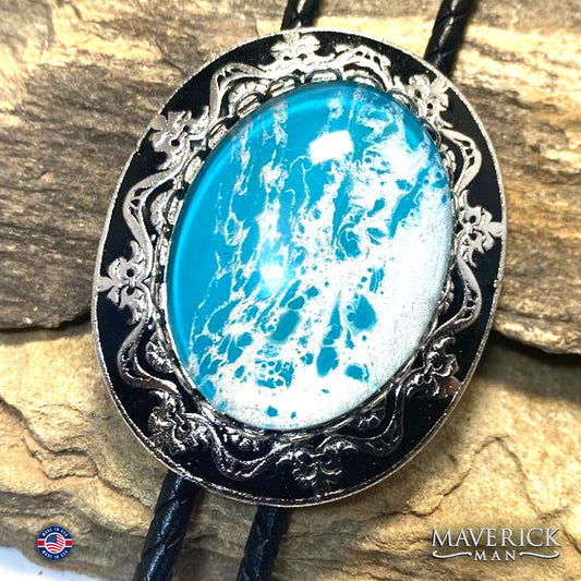 Large bolo tie with hand painted turquoise and silver stone