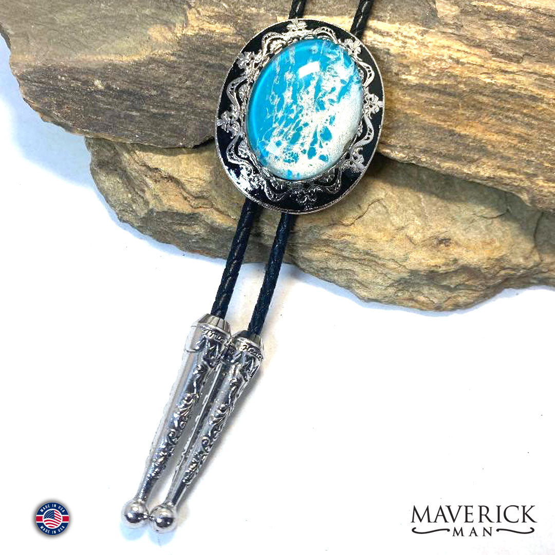 Large bolo tie with hand painted turquoise and silver stone