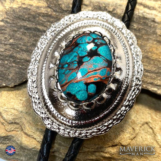 Turquoise and copper hand painted stone in concho bolo tie
