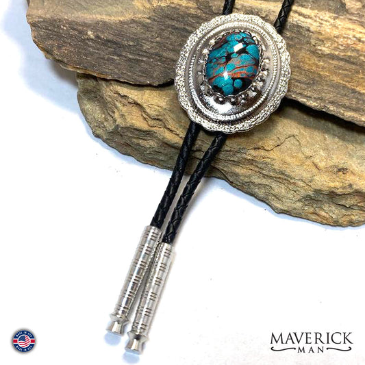 Turquoise and copper hand painted stone in concho bolo tie