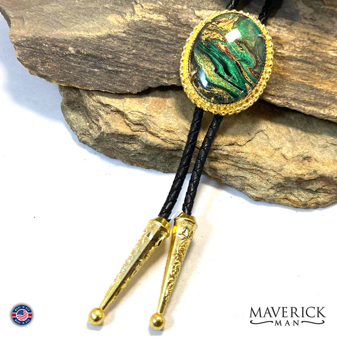 Handsome large bolo tie with hand painted stone
