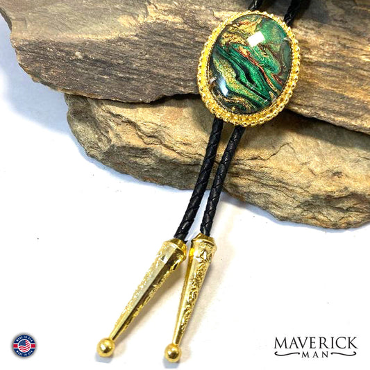 Handsome large bolo tie with hand painted stone