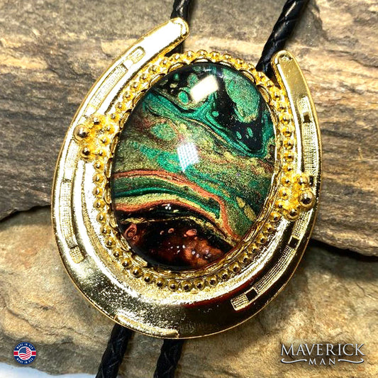 Golden Horseshoe bolo tie with hand painted stone
