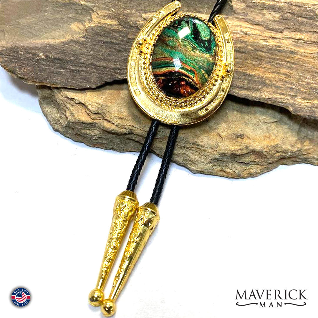Golden Horseshoe bolo tie with hand painted stone