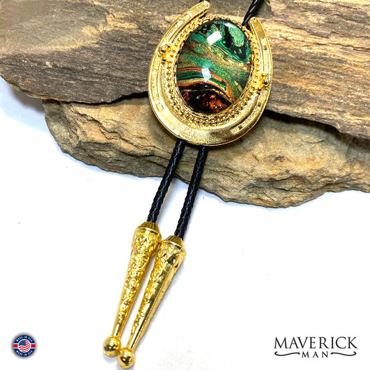 Golden Horseshoe bolo tie with hand painted stone