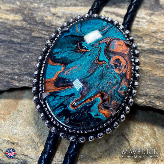 Large bolo tie with hand painted turquoise and copper stone