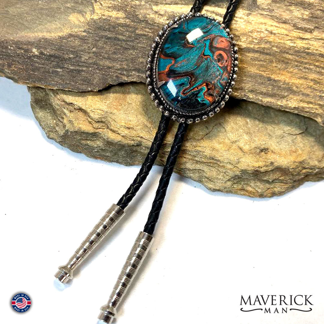 Large bolo tie with hand painted turquoise and copper stone