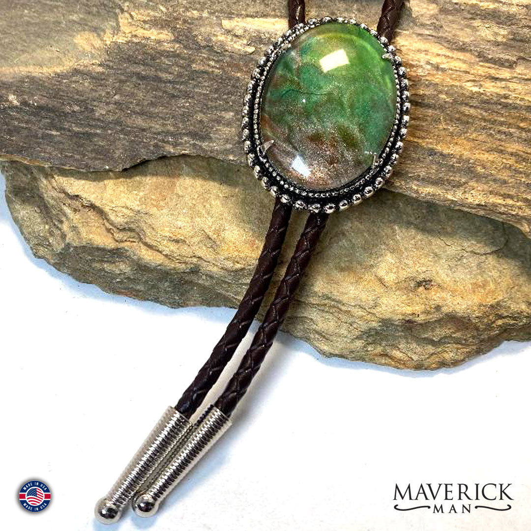 Great bolo with unusual green and brown hand painted stone