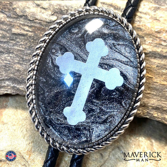 Twisted silver cross bolo hand painted stone