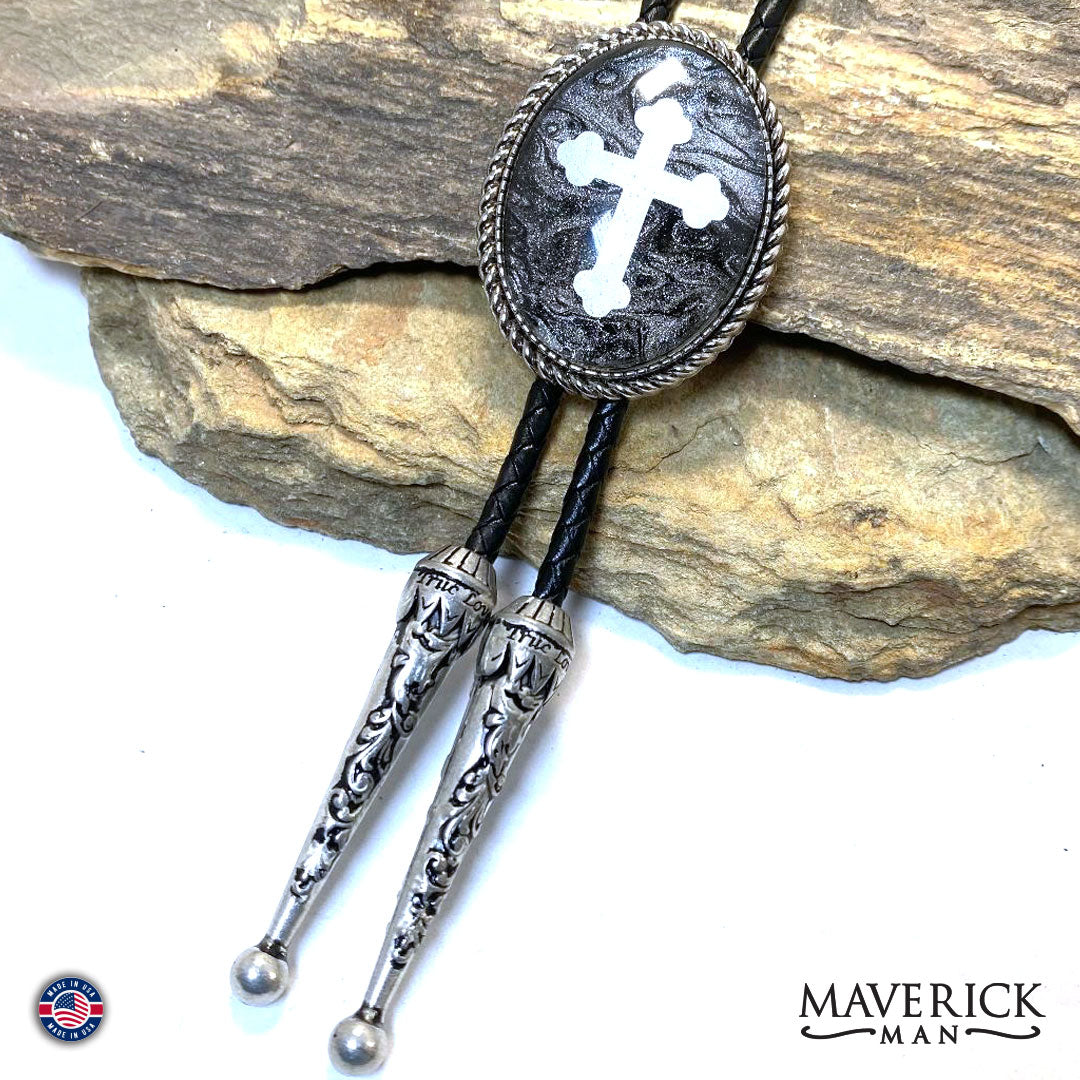 Twisted silver cross bolo hand painted stone