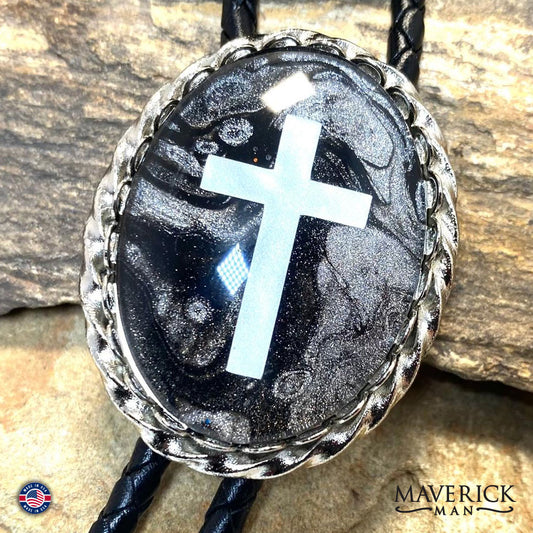 Silver Twist cross bolo tie with hand painted stone