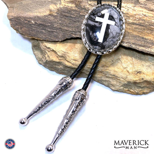 Silver Twist cross bolo tie with hand painted stone