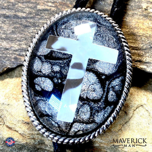 Braided Silver Cross bolo tie with hand painted stone