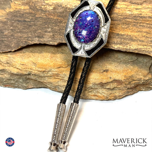 Dressy geometric bolo tie with purple hand painted stone