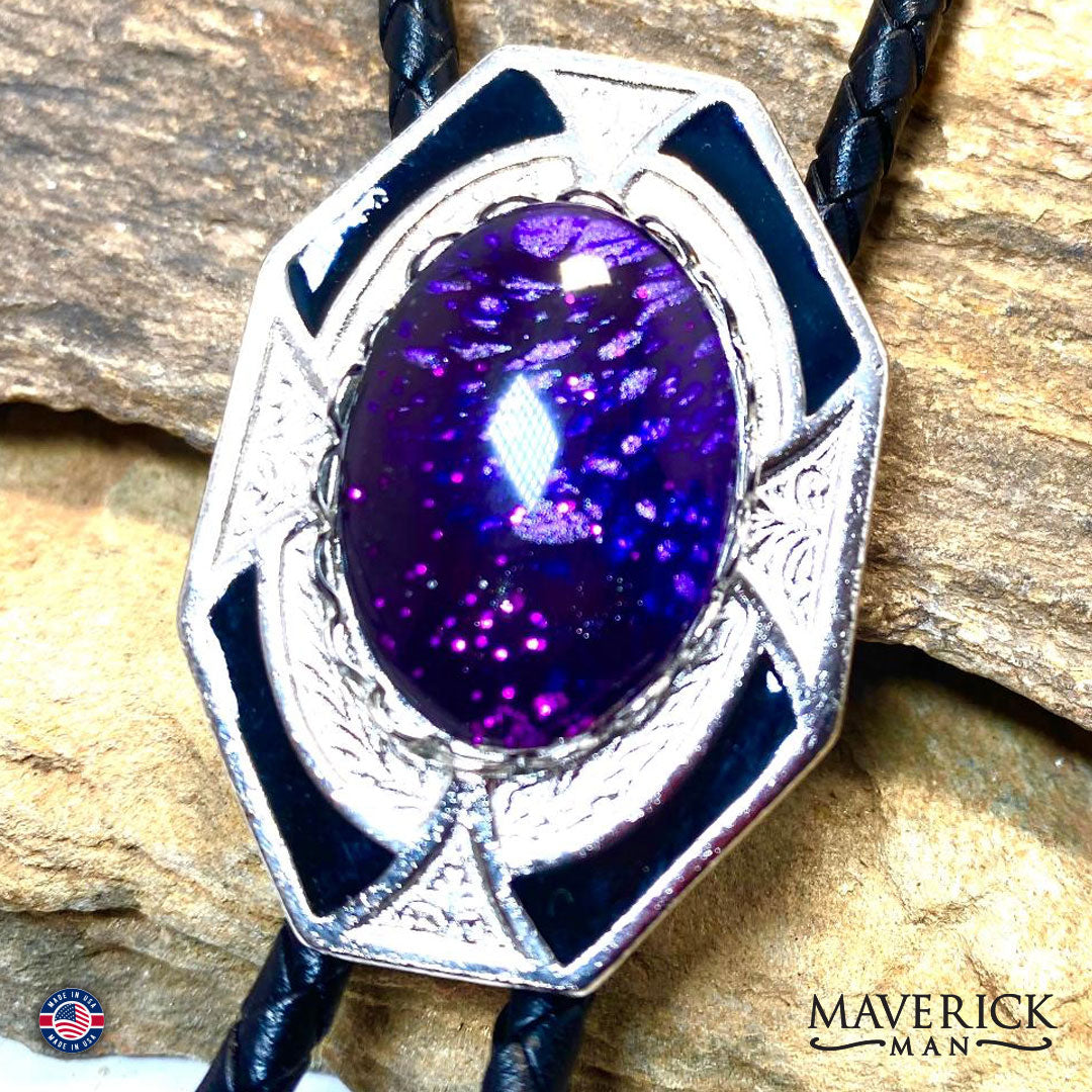 Dressy geometric bolo tie with purple hand painted stone