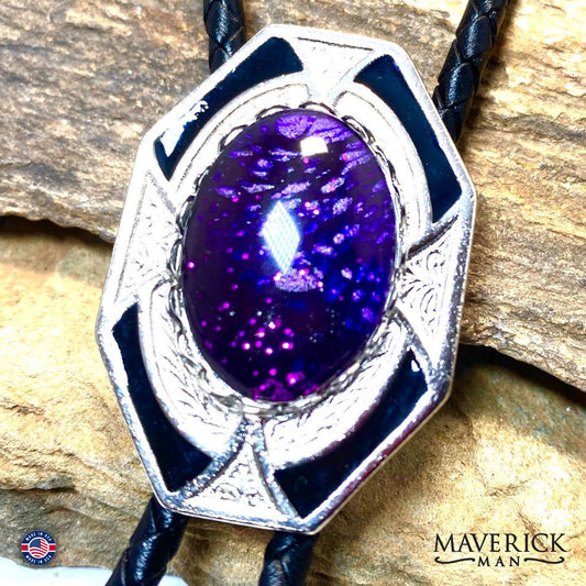 Dressy geometric bolo tie with purple hand painted stone