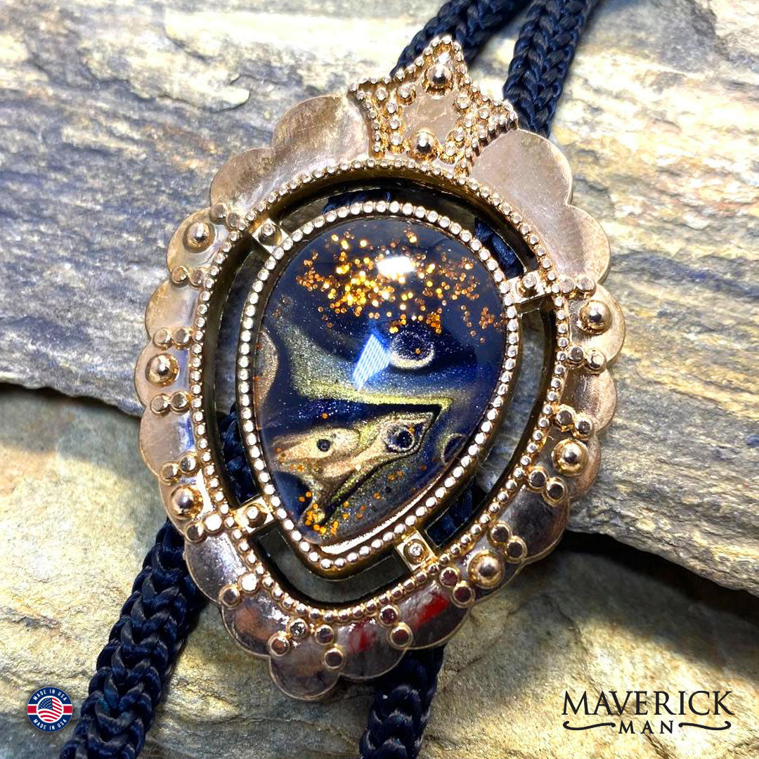 Fancy copper bolo tie with hand painted stone from our OWL collection