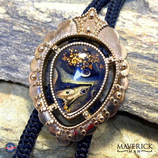 Fancy copper bolo tie with hand painted stone from our OWL collection