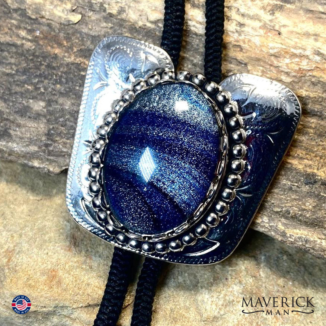 Smaller bolo tie with hand painted stone from our Denim collection