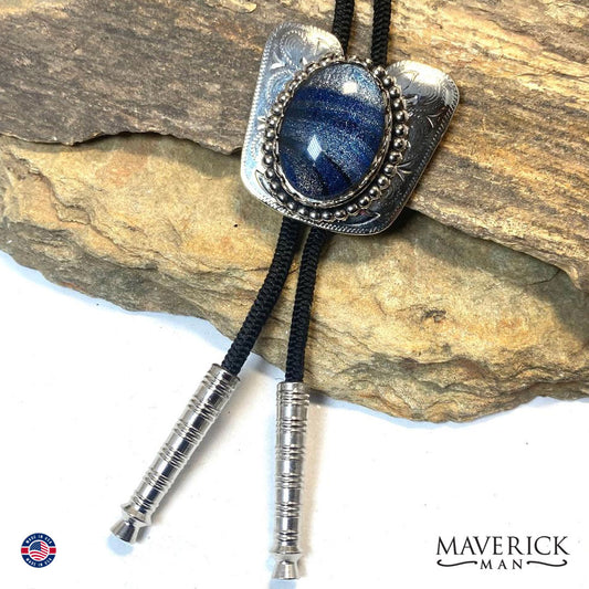 Smaller bolo tie with hand painted stone from our Denim collection