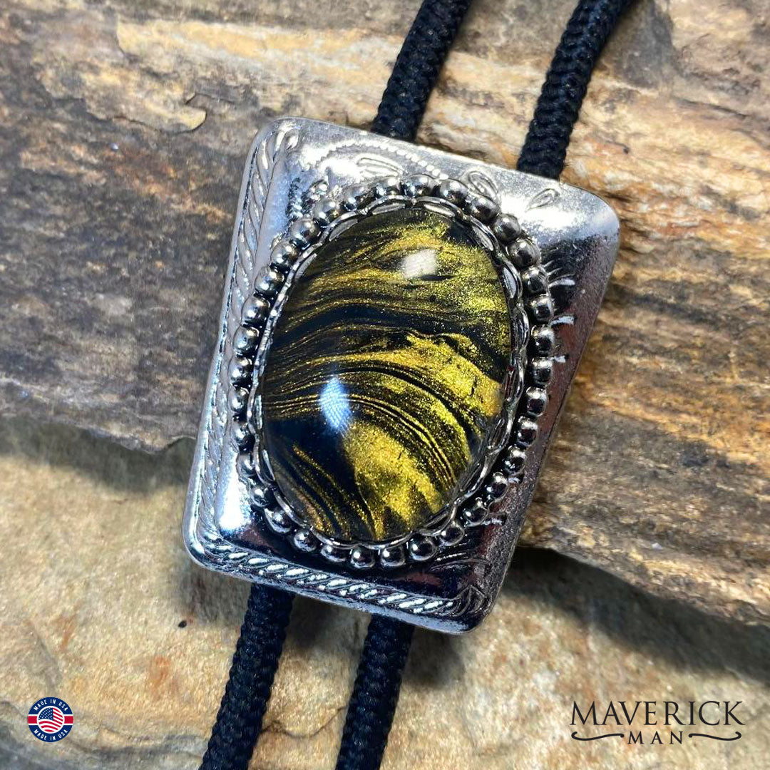 Smaller silver bolo with gold and black hand painted stone