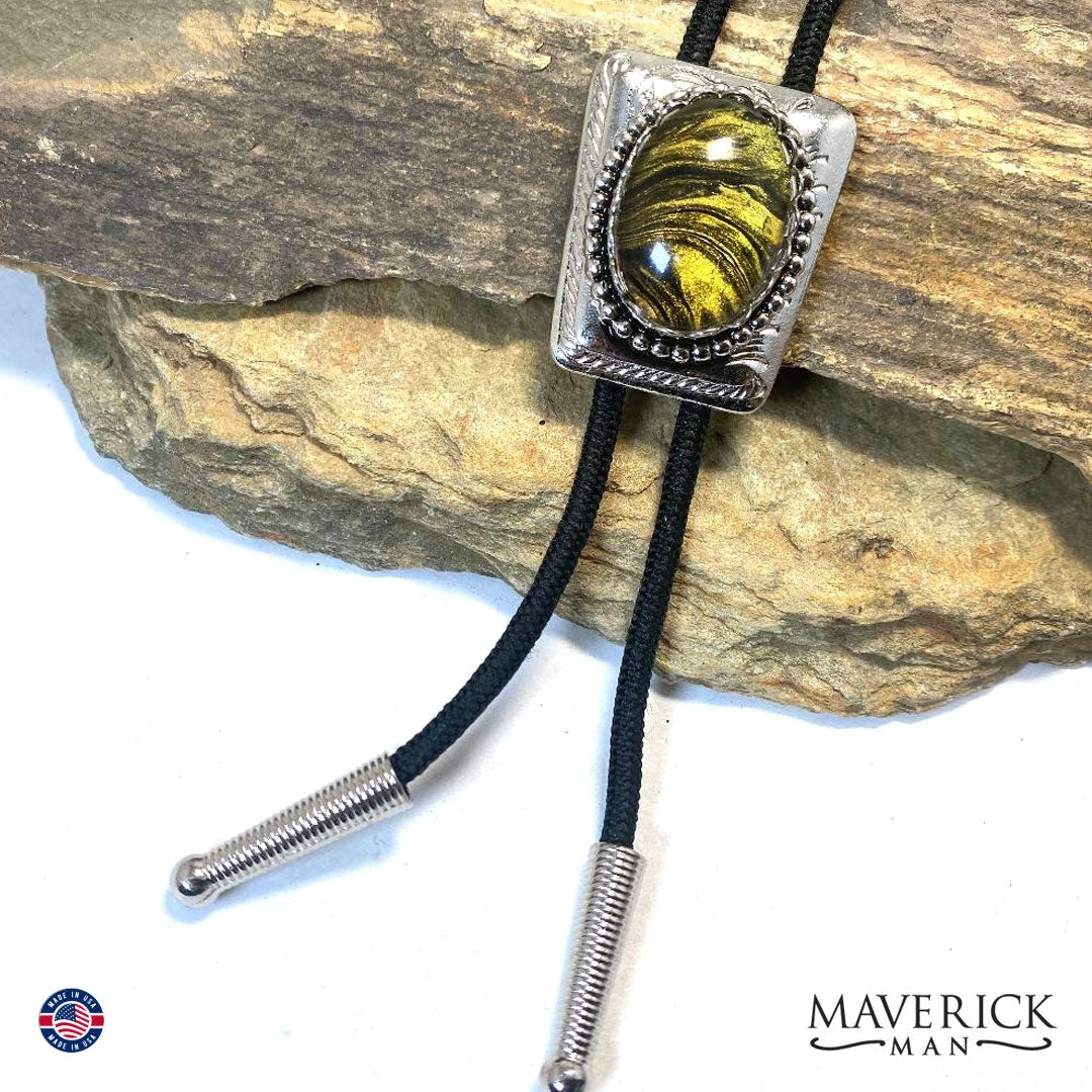 Smaller silver bolo with gold and black hand painted stone