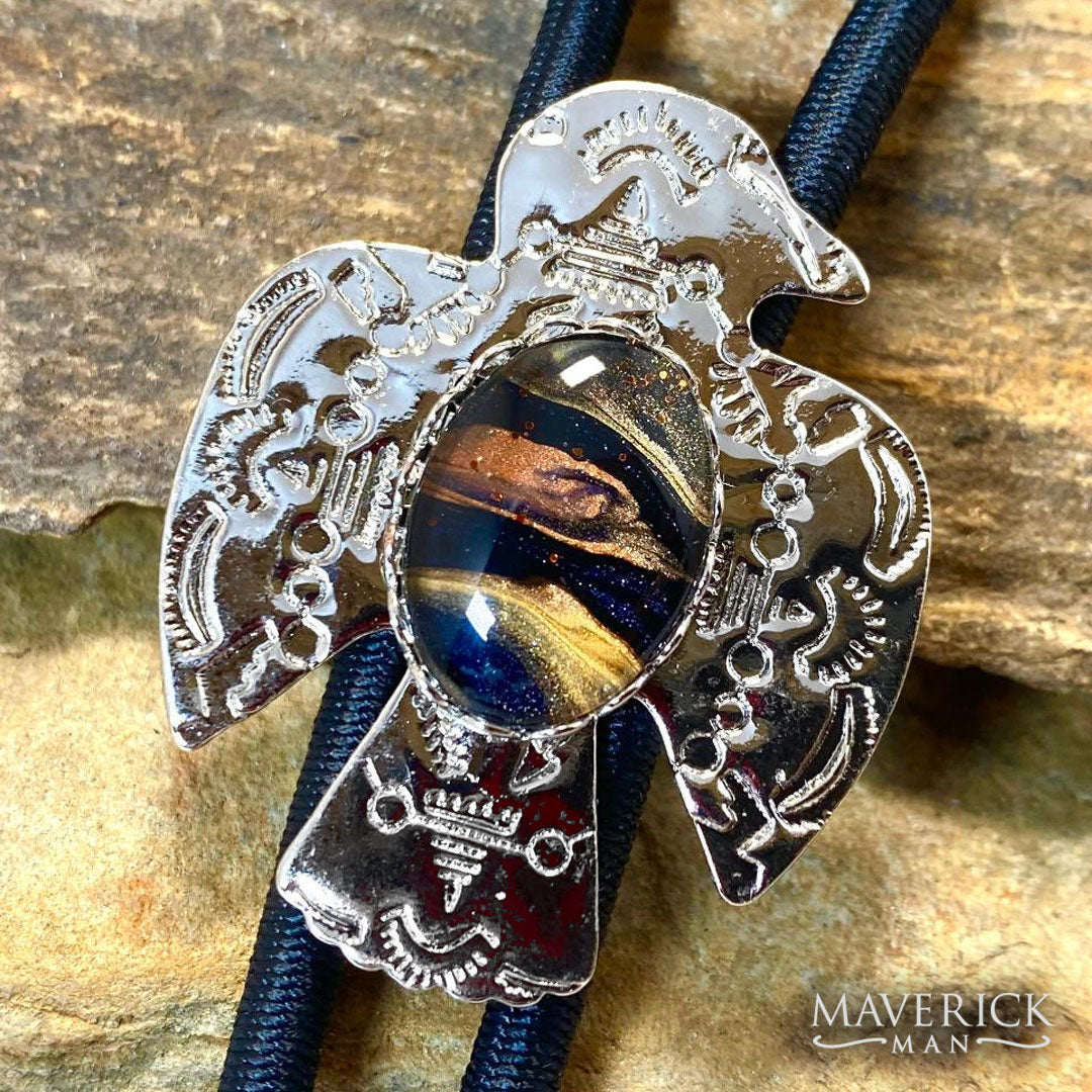 Sharp little thunderbird bolo tie with hand painted stone from our OWL collection