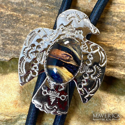 Sharp little thunderbird bolo tie with hand painted stone from our OWL collection