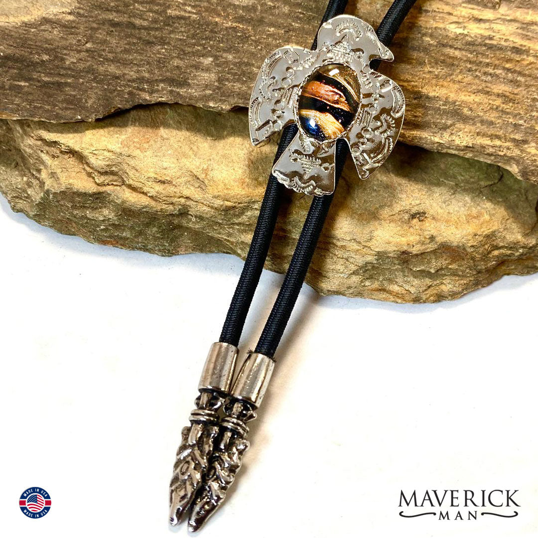 Sharp little thunderbird bolo tie with hand painted stone from our OWL collection