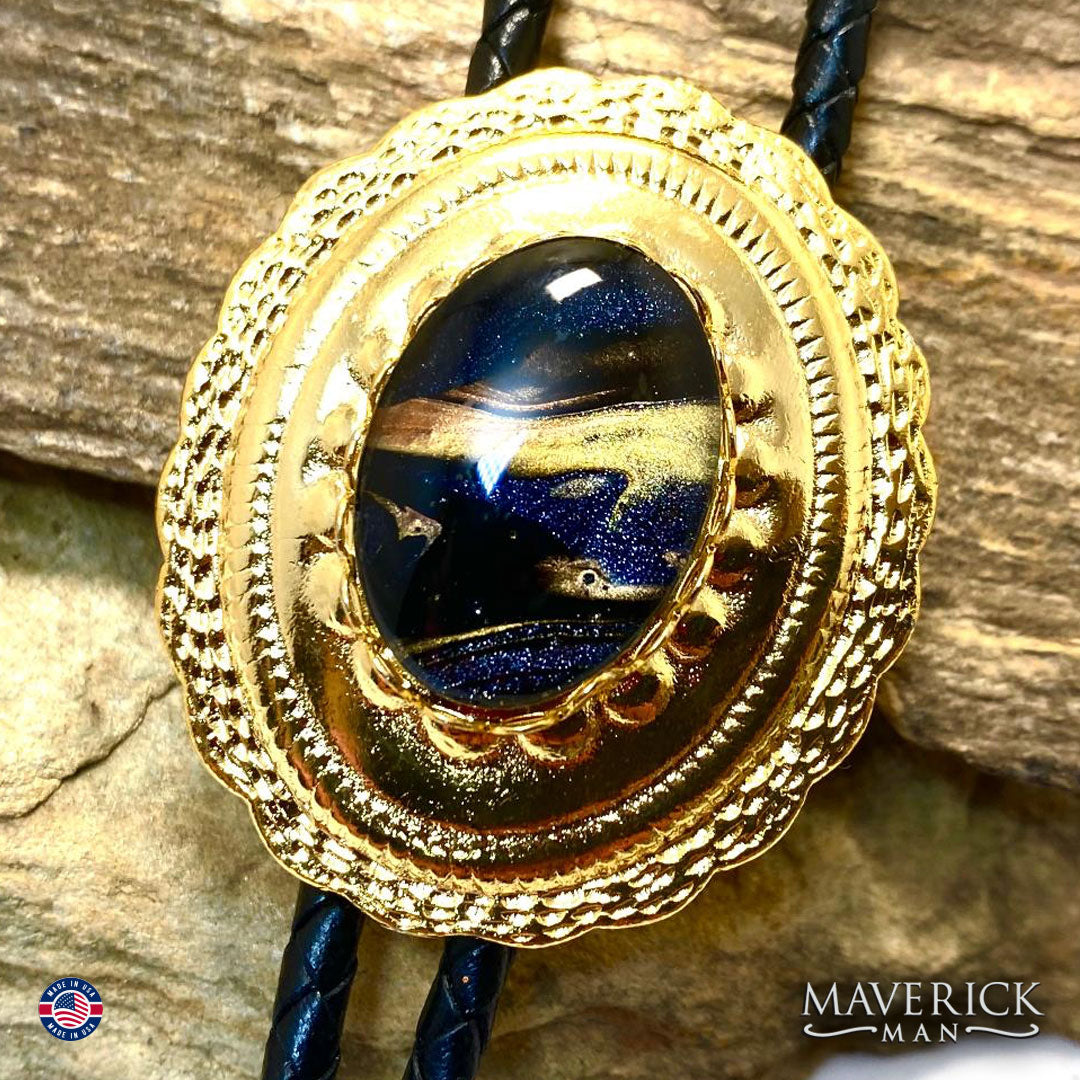 Golden concho bolo tie with hand painted stone from our OWL collection