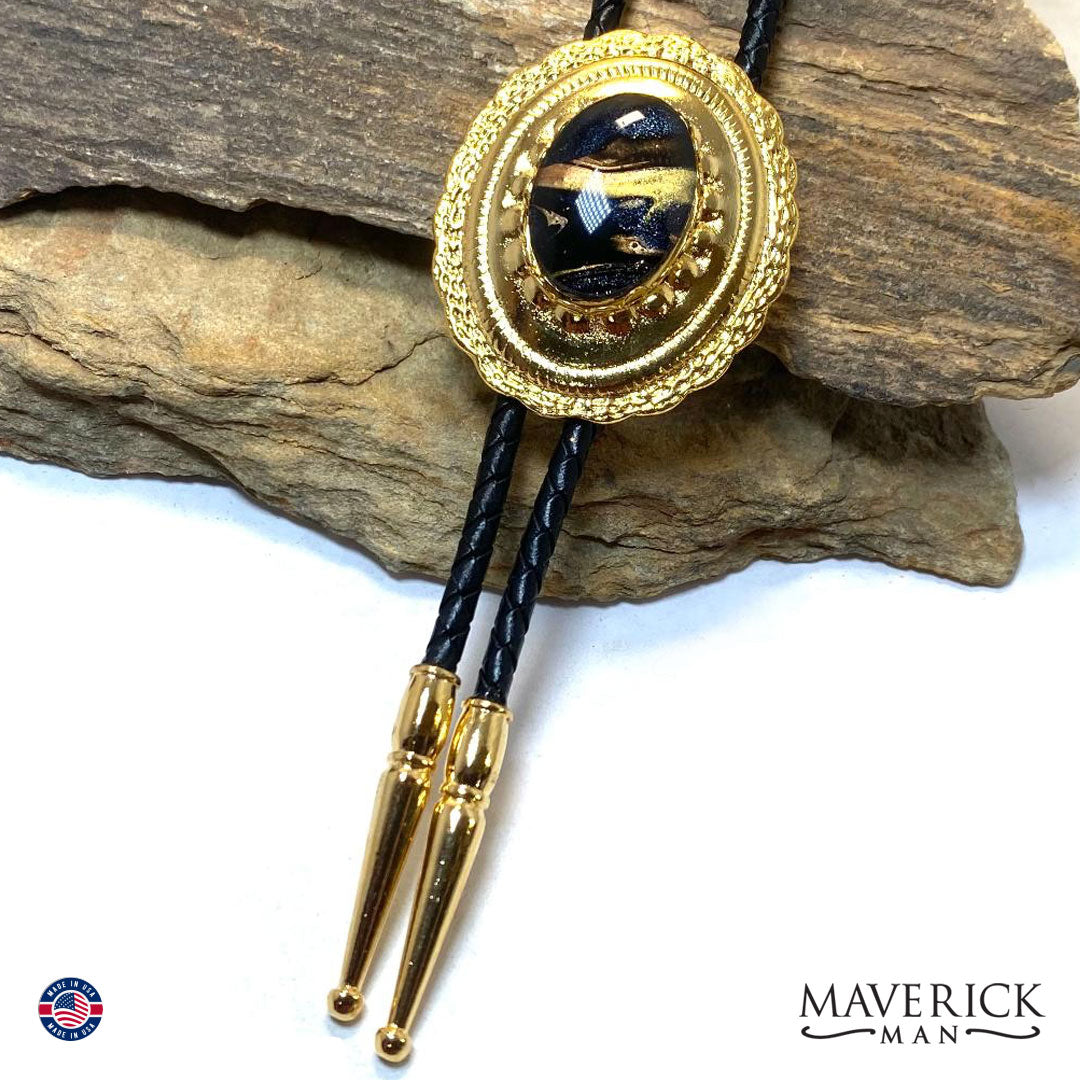 Golden concho bolo tie with hand painted stone from our OWL collection