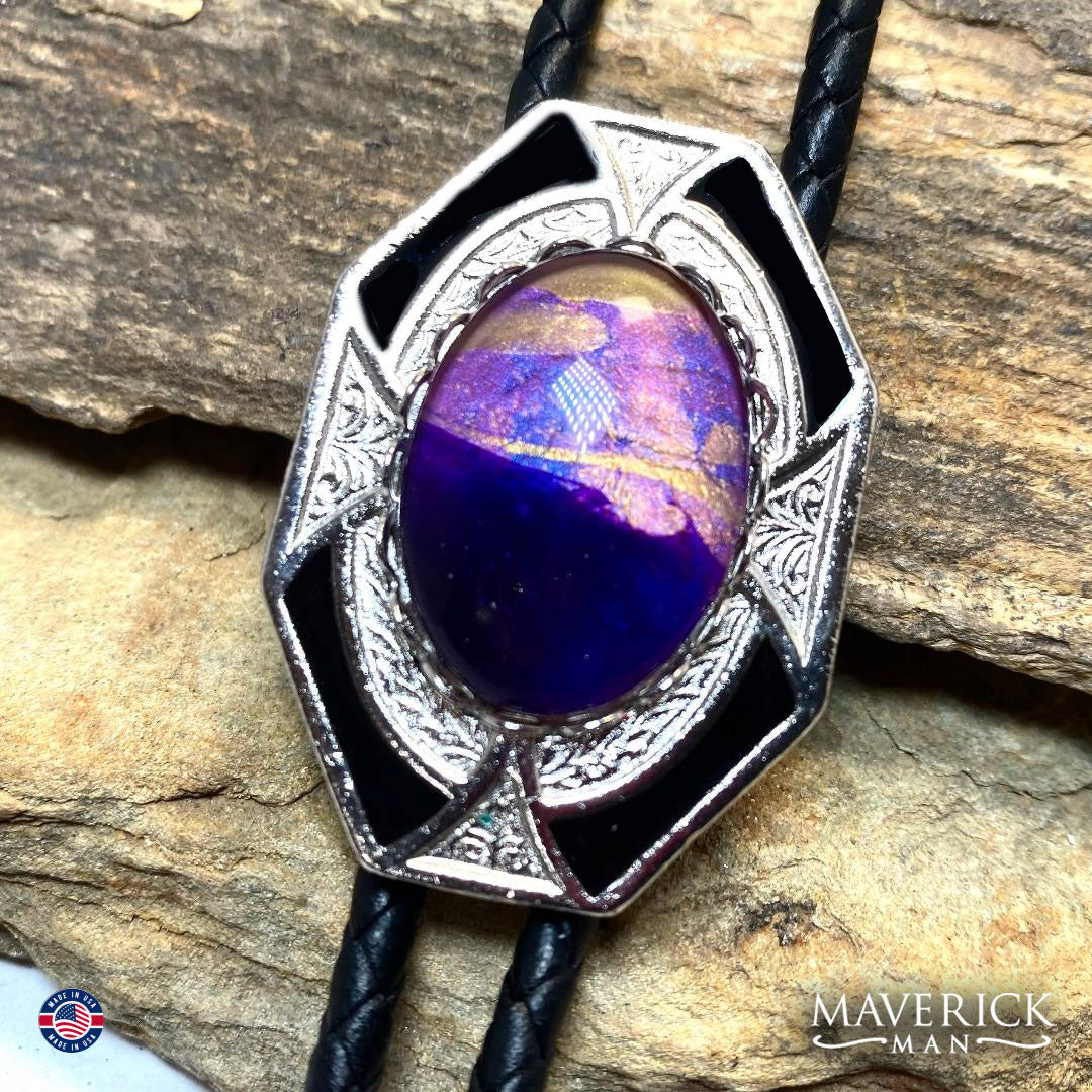 Dressy geometric bolo tie with purple and gold hand painted stone