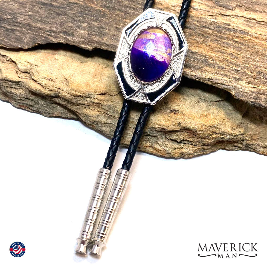 Dressy geometric bolo tie with purple and gold hand painted stone