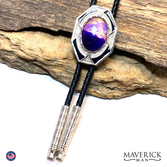 Dressy geometric bolo tie with purple and gold hand painted stone