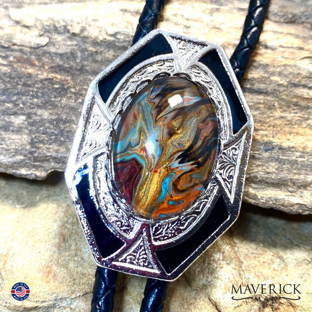 Silver and black dressy geometric bolo with hand painted stone