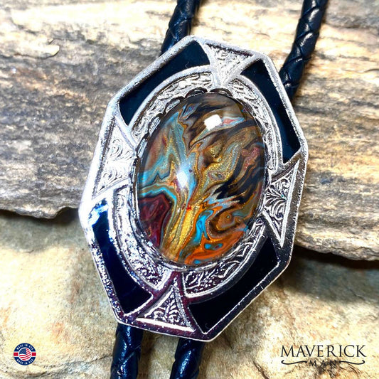 Silver and black dressy geometric bolo with hand painted stone