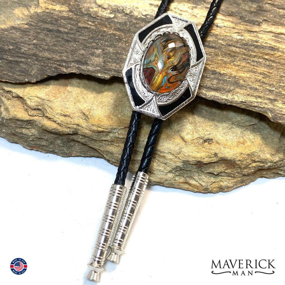 Silver and black dressy geometric bolo with hand painted stone