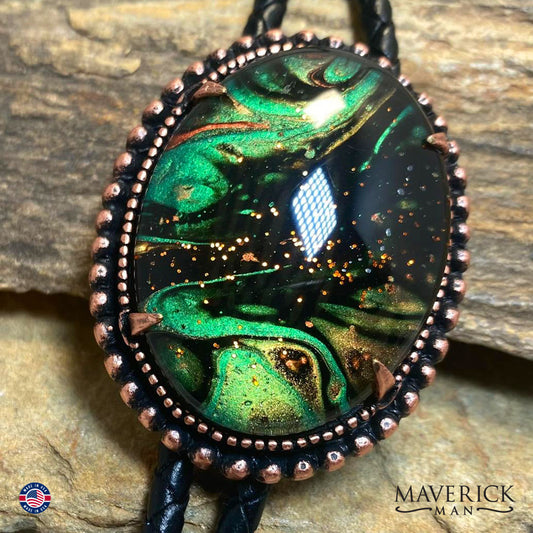 Beaded copper bolo tie with hand painted stone