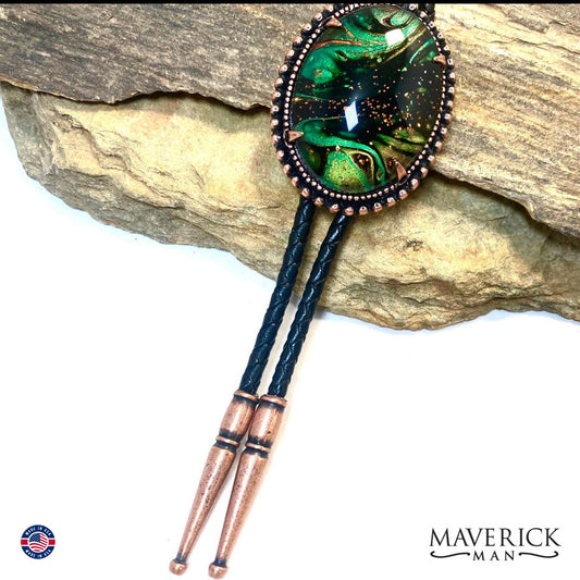 Beaded copper bolo tie with hand painted stone
