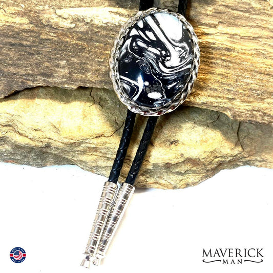 Black and white hand painted stone in silver twist bolo tie