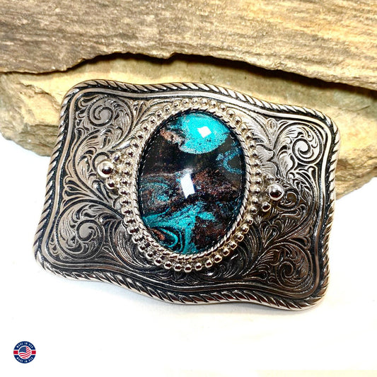 Turquoise and copper hand painted stone in silver and black scrolled buckle