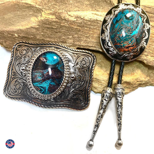 Silver and black filigree bolo tie and buckle set with hand painted stones